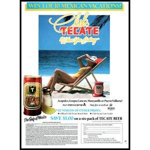 1987 Club Tecate Vacation Sweepstakes Vintage Print Ad Woman Yellow Swimsuit Art